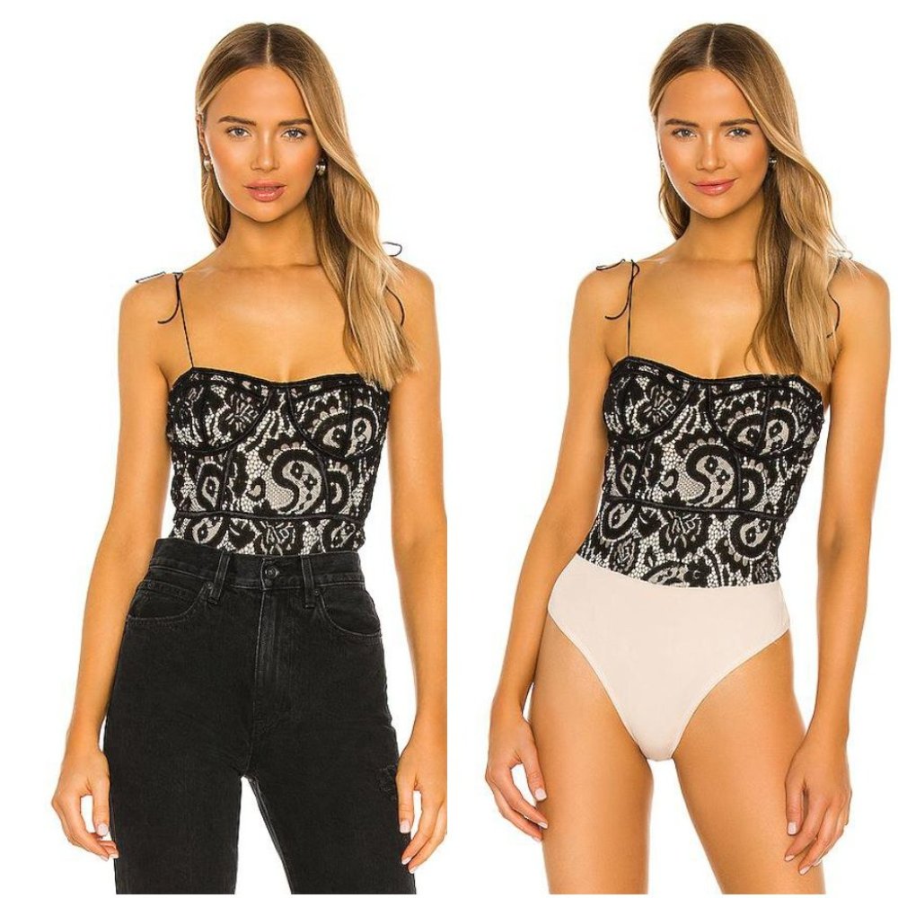 Superdown Stasia Lace Bodysuit In Black and Nude L
